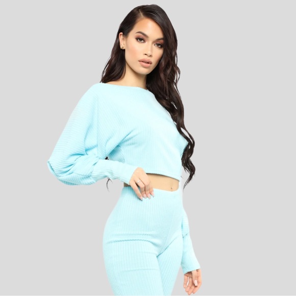 Fashion Nova Aqua Blue Ribbed Long Sleeve & Pants Set - Picture 14 of 14